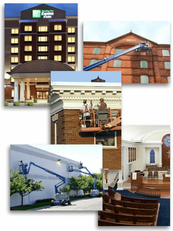 3 images depicting our commercial building painters painting a Holiday Inn and other exterior commercial buildings 