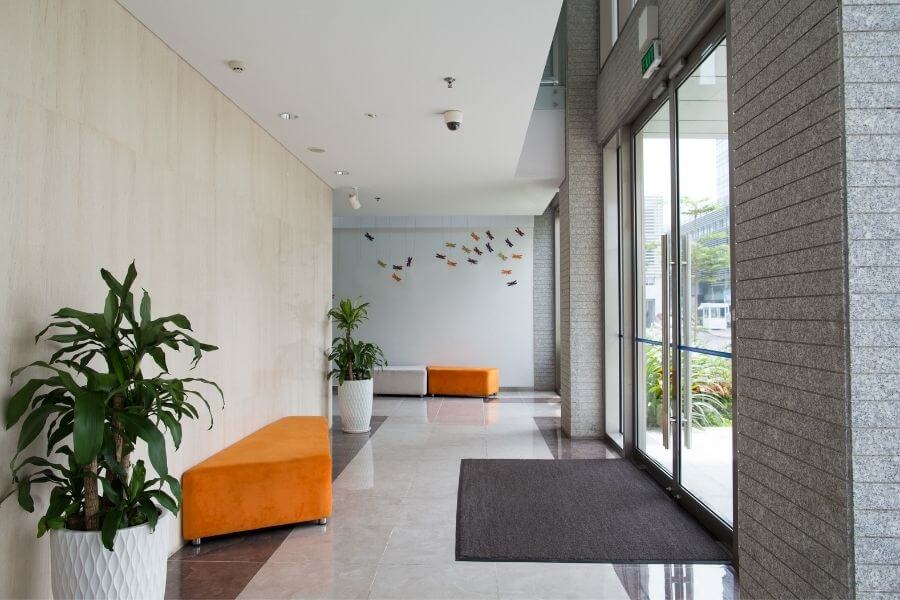 Lobby with orange accents