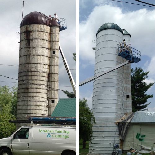 a before and after of a rusted tower being painted white by the industrial painters at Modern Painting