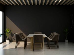 A corporate meeting area with dark brown walls