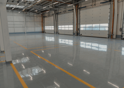 a shiny epoxy floor in a airport hanger with yellow safety striping