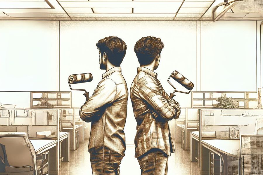 two painters standing back to back